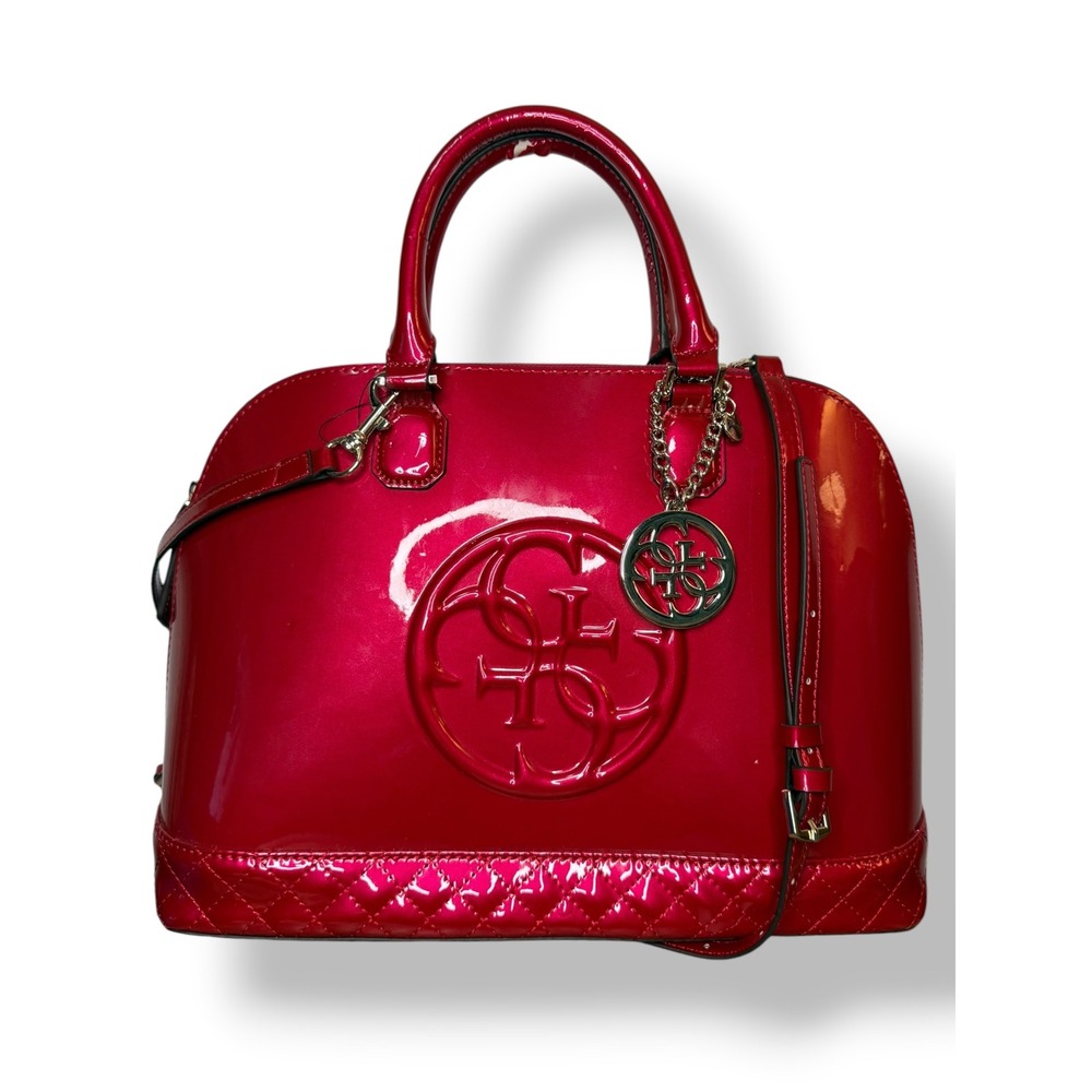 Guess Korry Dome Satchel Bag Glossy Fuchsia Pink Faux Leather NEW Read